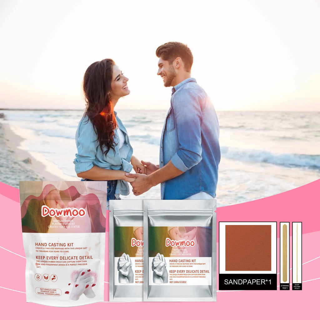 Couple holding hands beside MaraEcoWell hand casting kit contents
