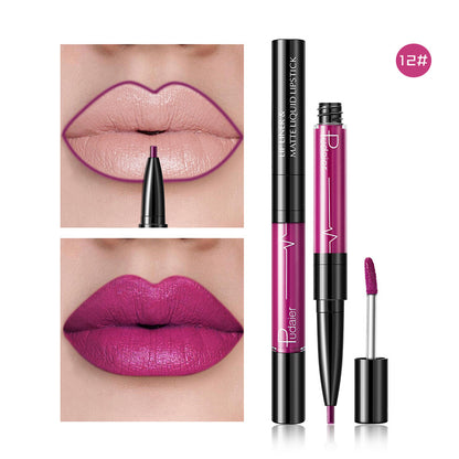 Cross-border  Double Head Lip Gloss Lip Liner Matte Pearlescent Lip Glaze Foreign Trade Color Lip Gloss Lipstick