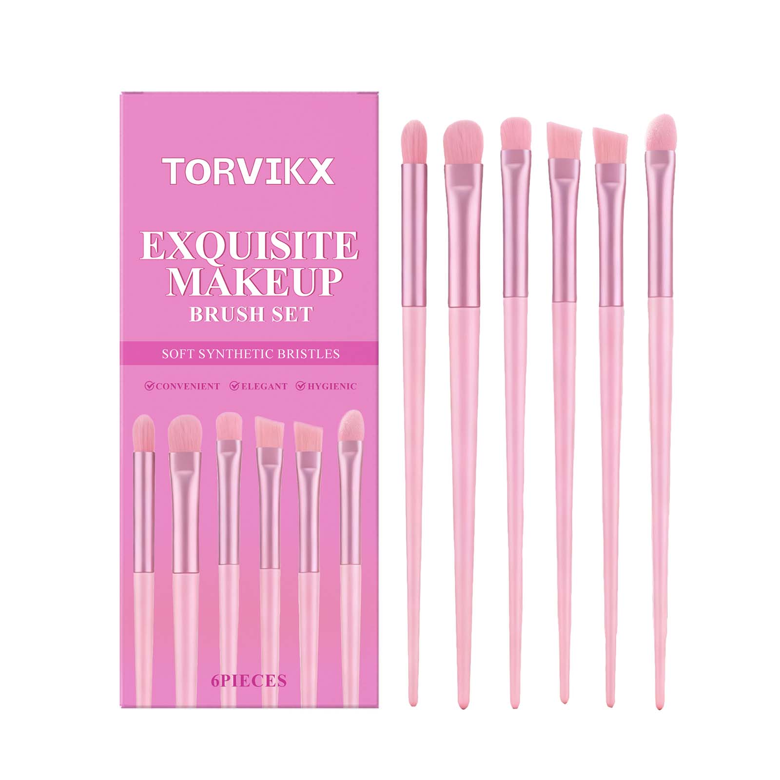 TORVIKX six-piece pink synthetic makeup brush set with retail box