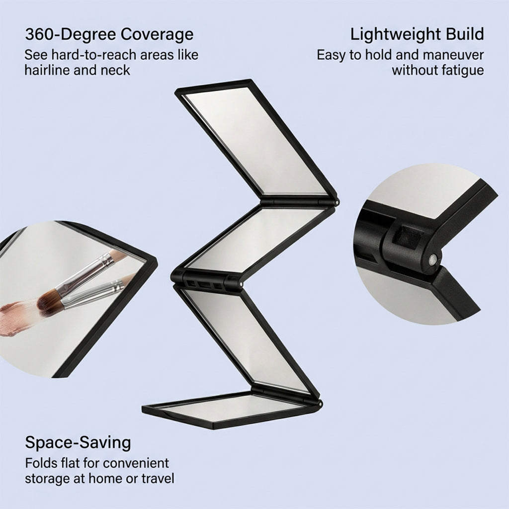 Portable mirror folded for storage