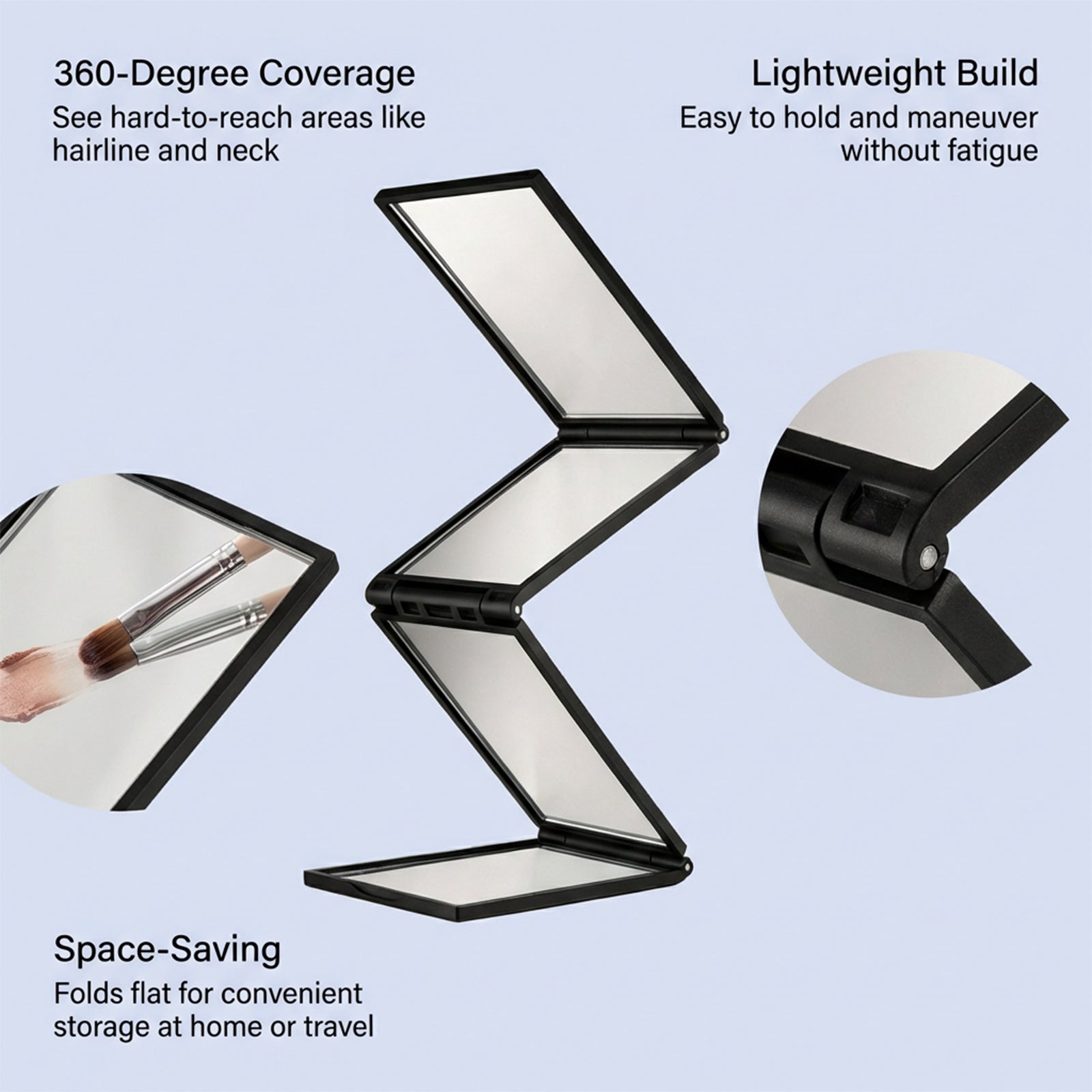 Portable mirror folded for storage