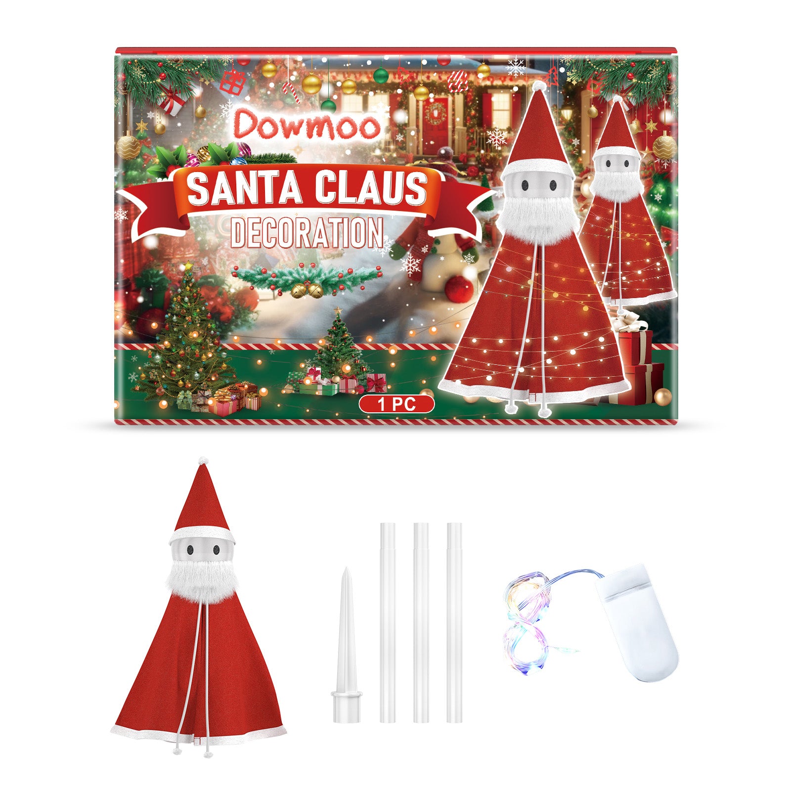 Dowmoo lighted Santa yard stake decoration with included poles, ground stake, string lights, and battery box