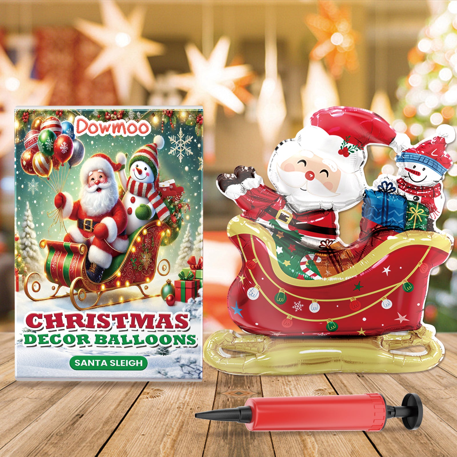 Santa sleigh foil balloon shown as Christmas party decor