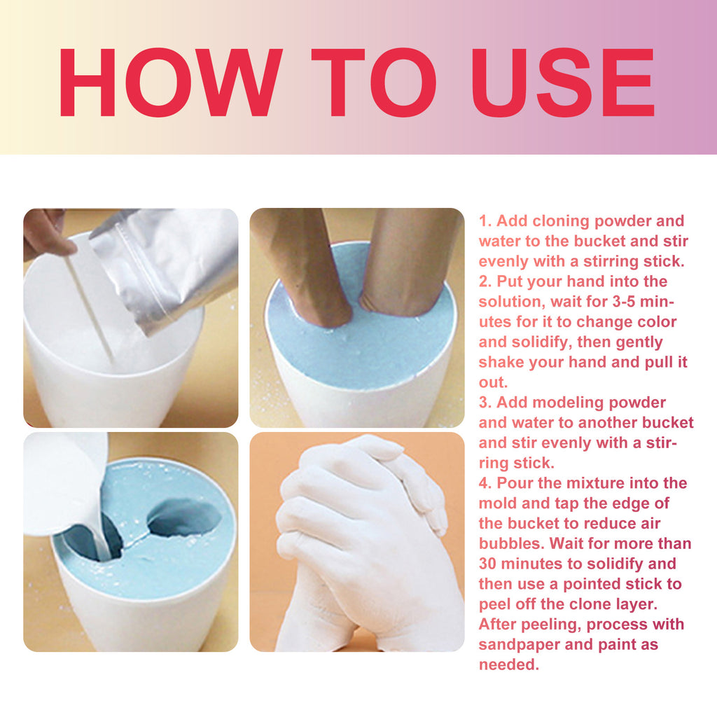 Four-step illustrated instructions for the Dowmoo hand casting kit