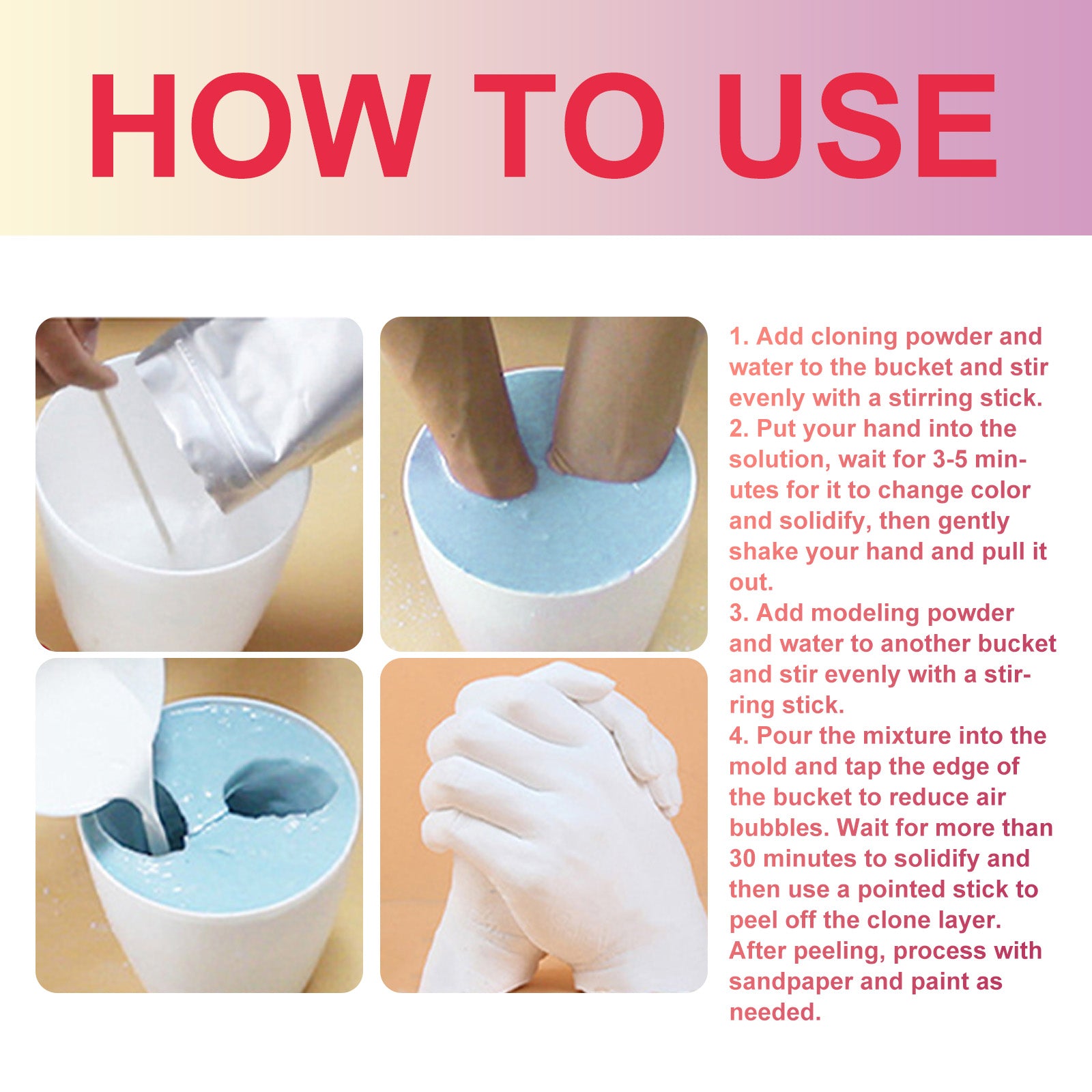 Four-step illustrated instructions for the Dowmoo hand casting kit