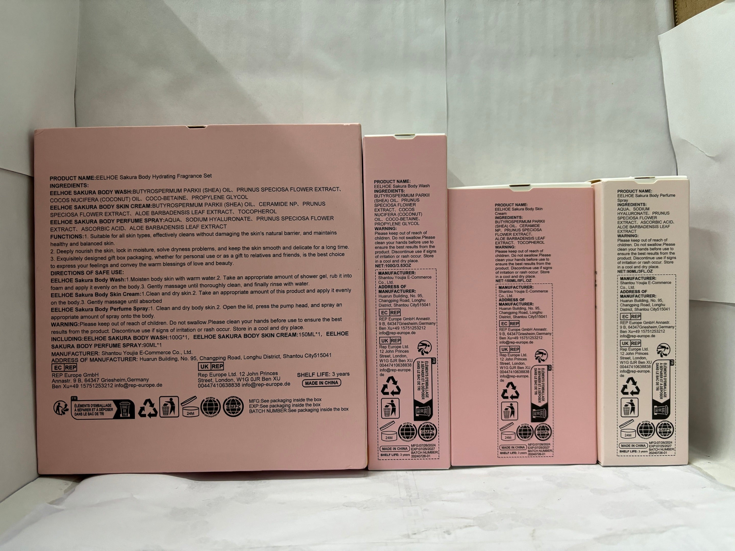 EELHOE Sakura body care set packaging ingredients and directions, back view