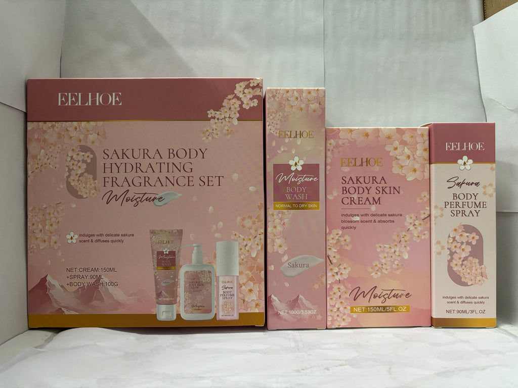 EELHOE Sakura three-piece body care gift set packaging, front view