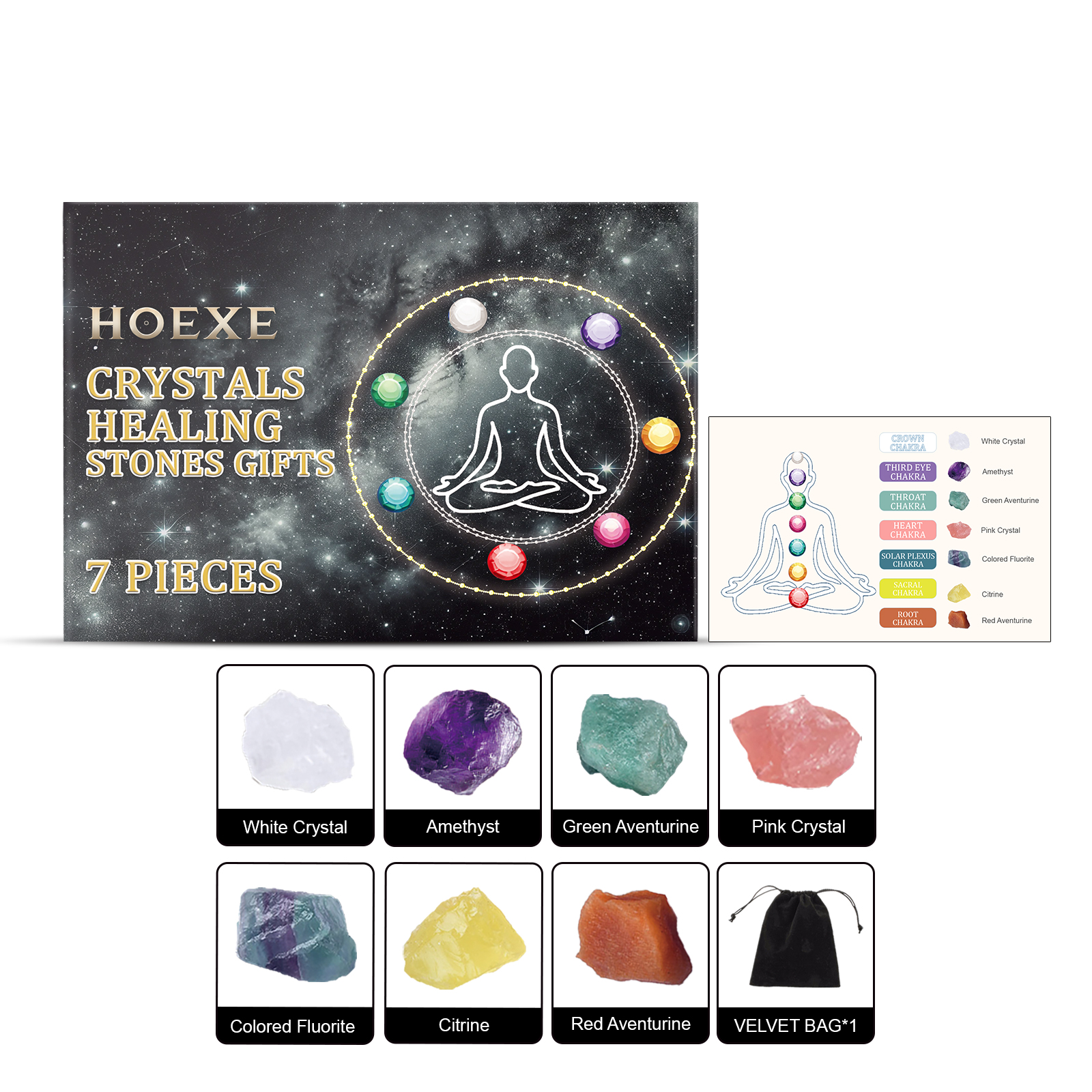 Hoexe seven-stone natural crystal gift set with velvet pouch