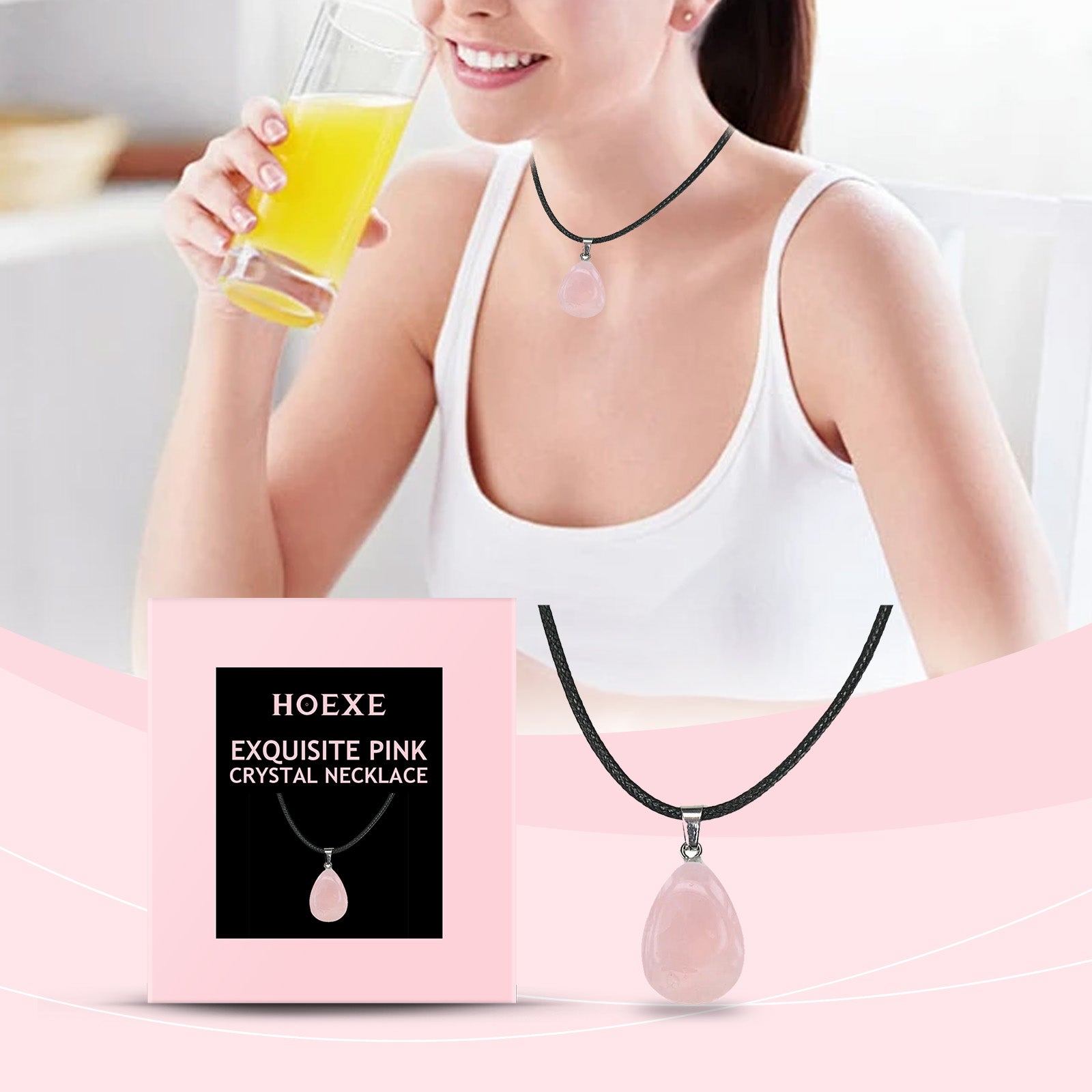 Pink crystal pendant necklace worn on black wax cord