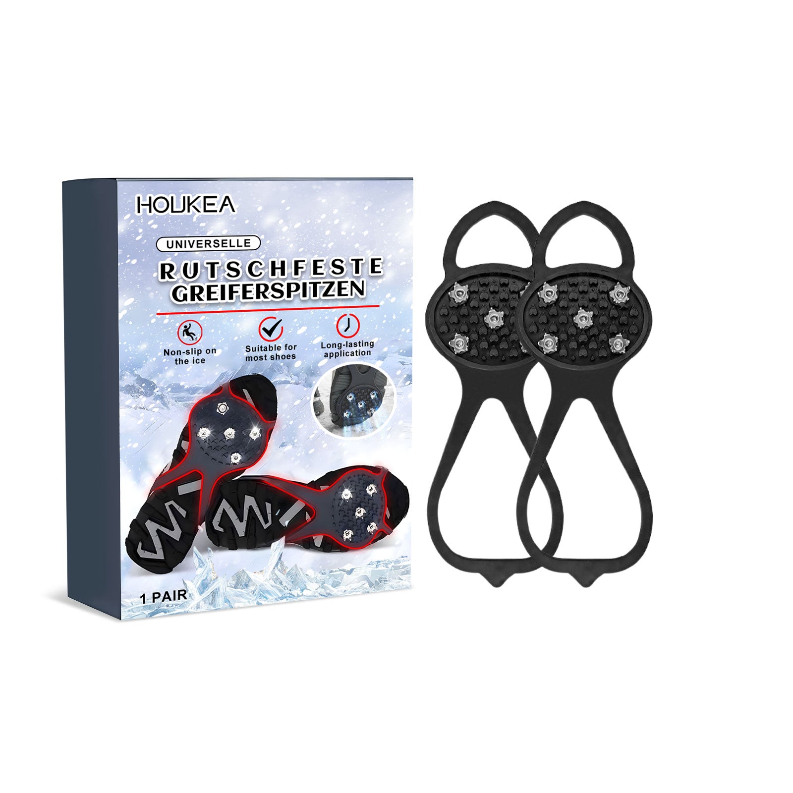 Houkea black slip-on ice traction cleats, one pair with four studs per foot