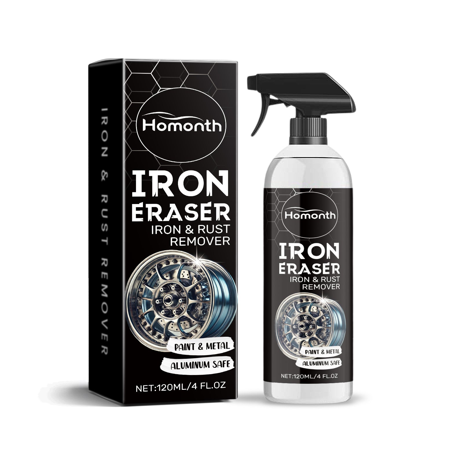 Homonth wheel and bare-metal rust cleaner bottle