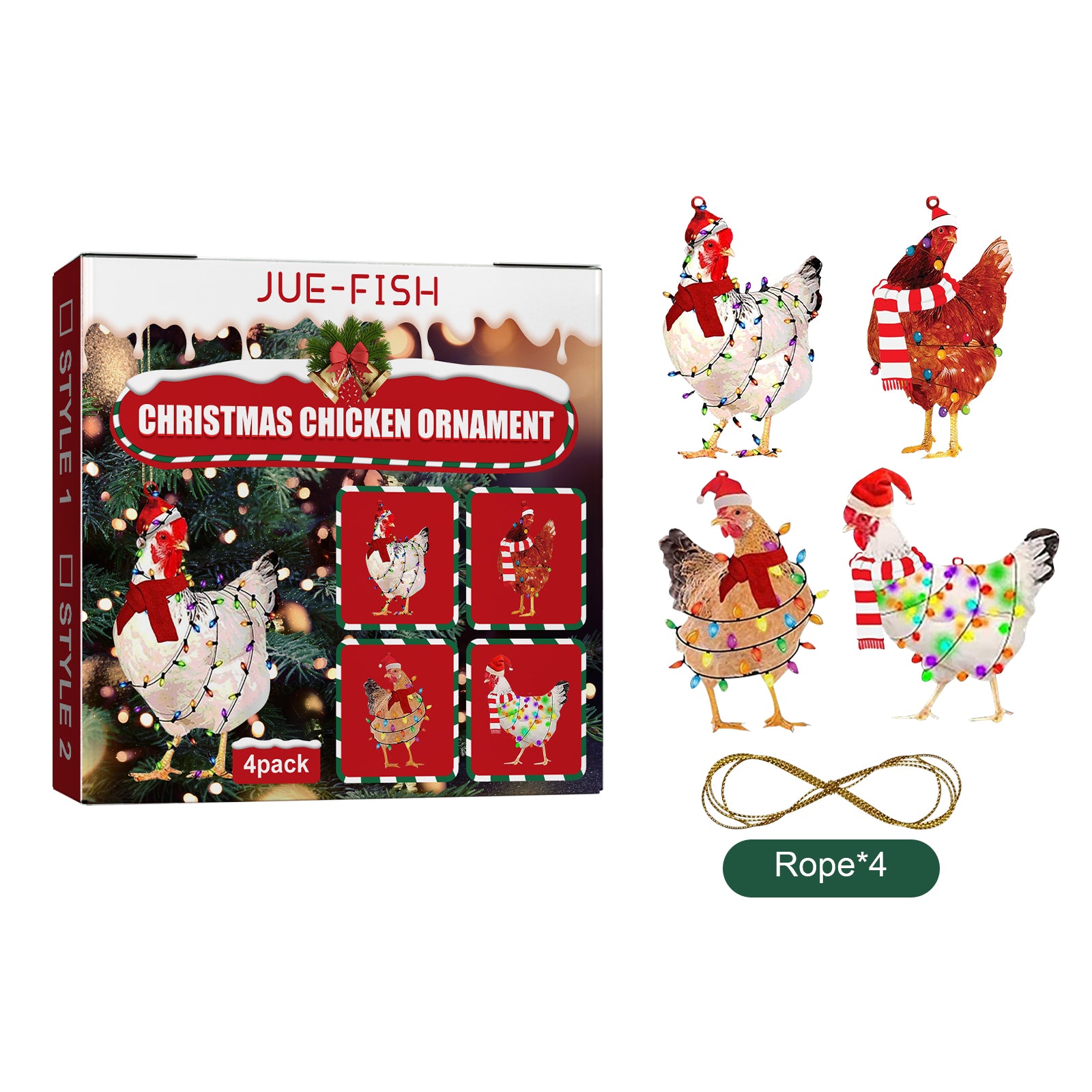 Christmas scarf chicken wooden ornament set, 4 pack – view 2