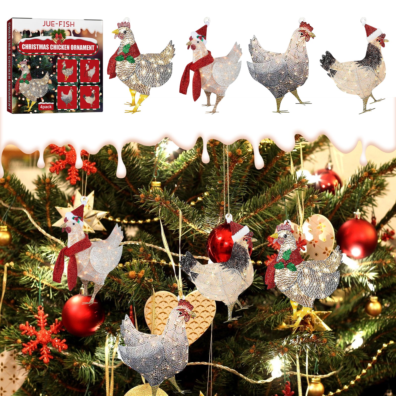 Christmas scarf chicken wooden ornament set, 4 pack – view 3