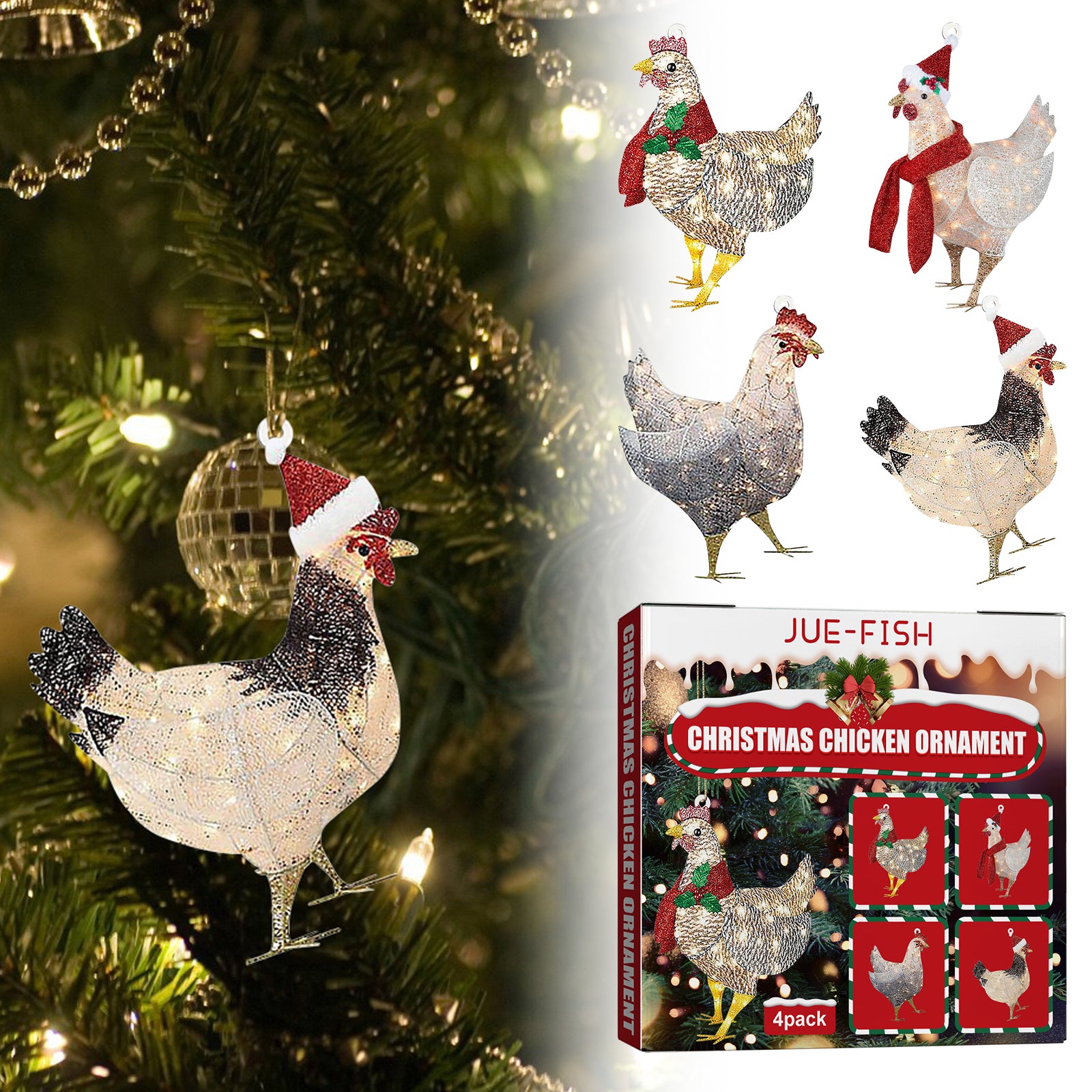 Christmas scarf chicken wooden ornament set, 4 pack – view 4
