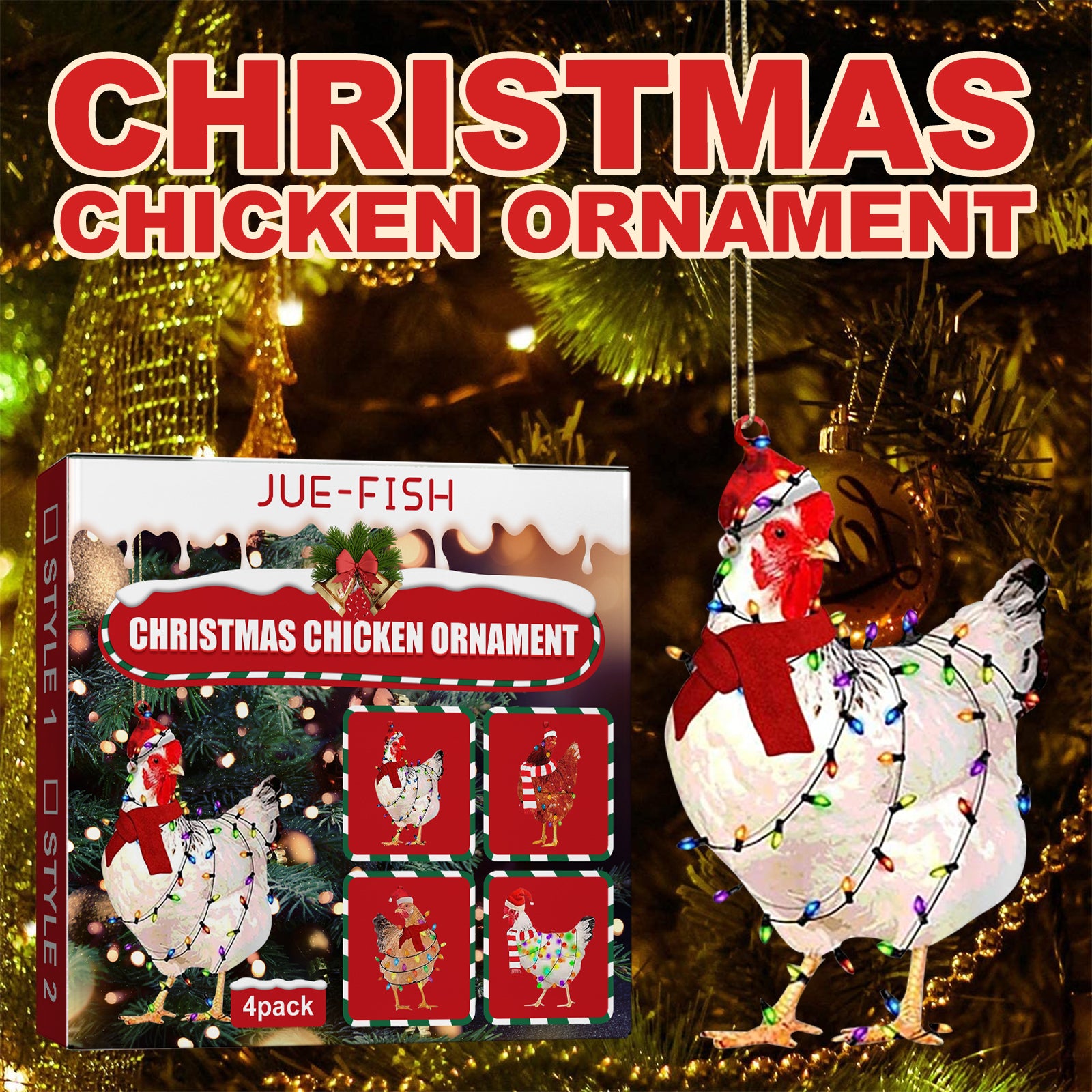 Christmas scarf chicken wooden ornament set, 4 pack – view 6