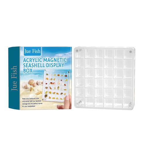 Jue Fish acrylic magnetic seashell display case and retail package
