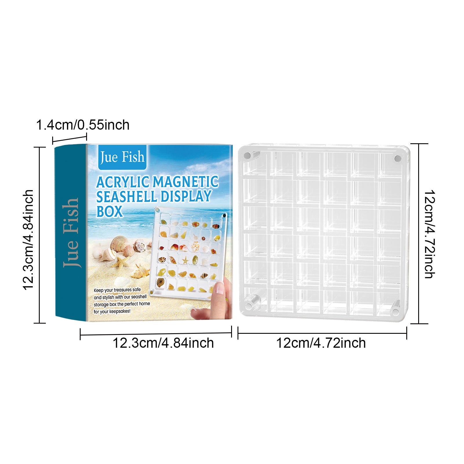 Dimensions of the 36-grid acrylic magnetic seashell display box