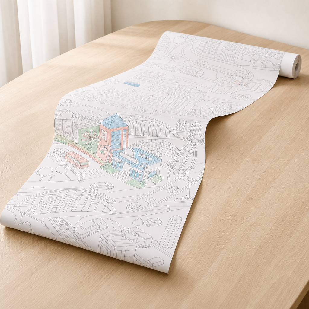 City garden coloring roll extended to show the continuous illustrated paper