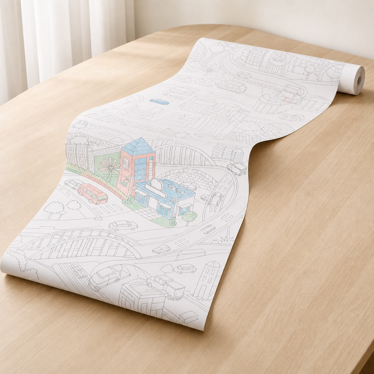 City garden coloring roll extended to show the continuous illustrated paper