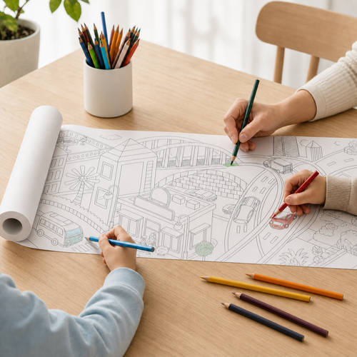 Parent and child coloring a city garden paper roll together at a table