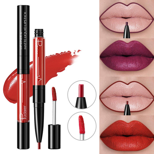 Cross-border  Double Head Lip Gloss Lip Liner Matte Pearlescent Lip Glaze Foreign Trade Color Lip Gloss Lipstick