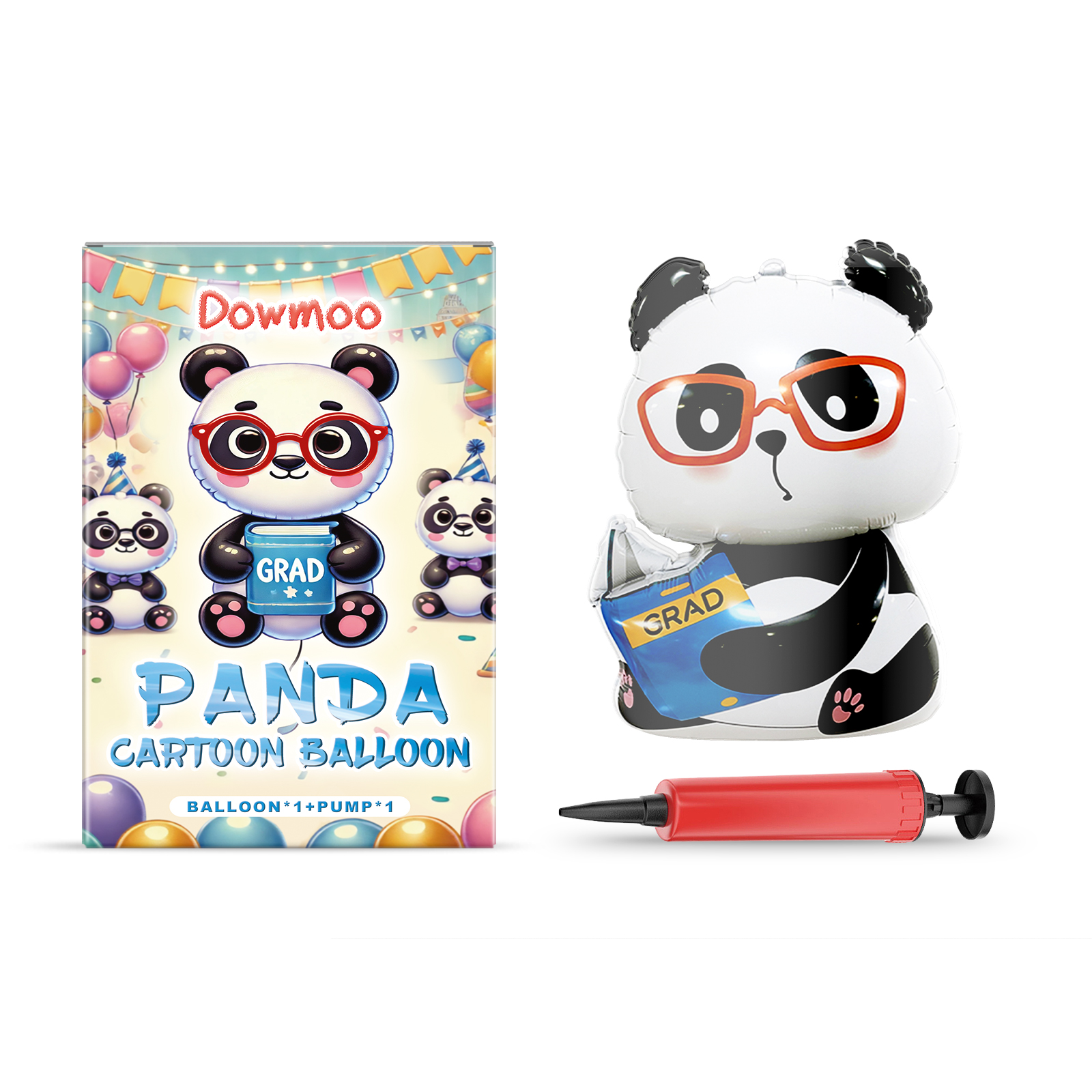 Dowmoo oversized graduation panda foil balloon with GRAD book, package and hand pump