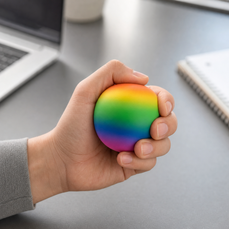 Hand squeezing a rainbow fidget ball at a modern desk