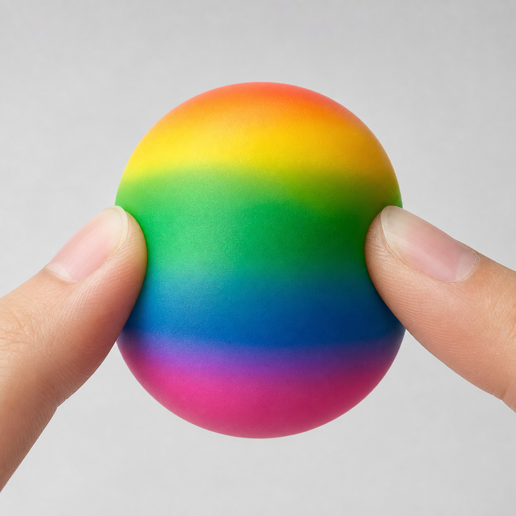 Close-up of the rainbow squeeze ball's soft rebound texture