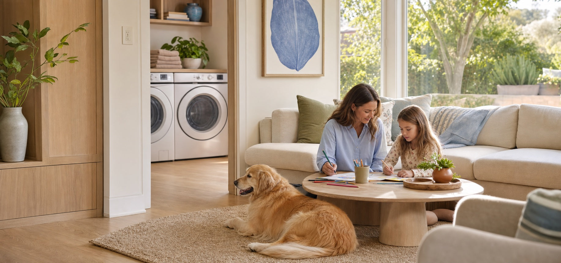 A family and their pets in a warm, bright home